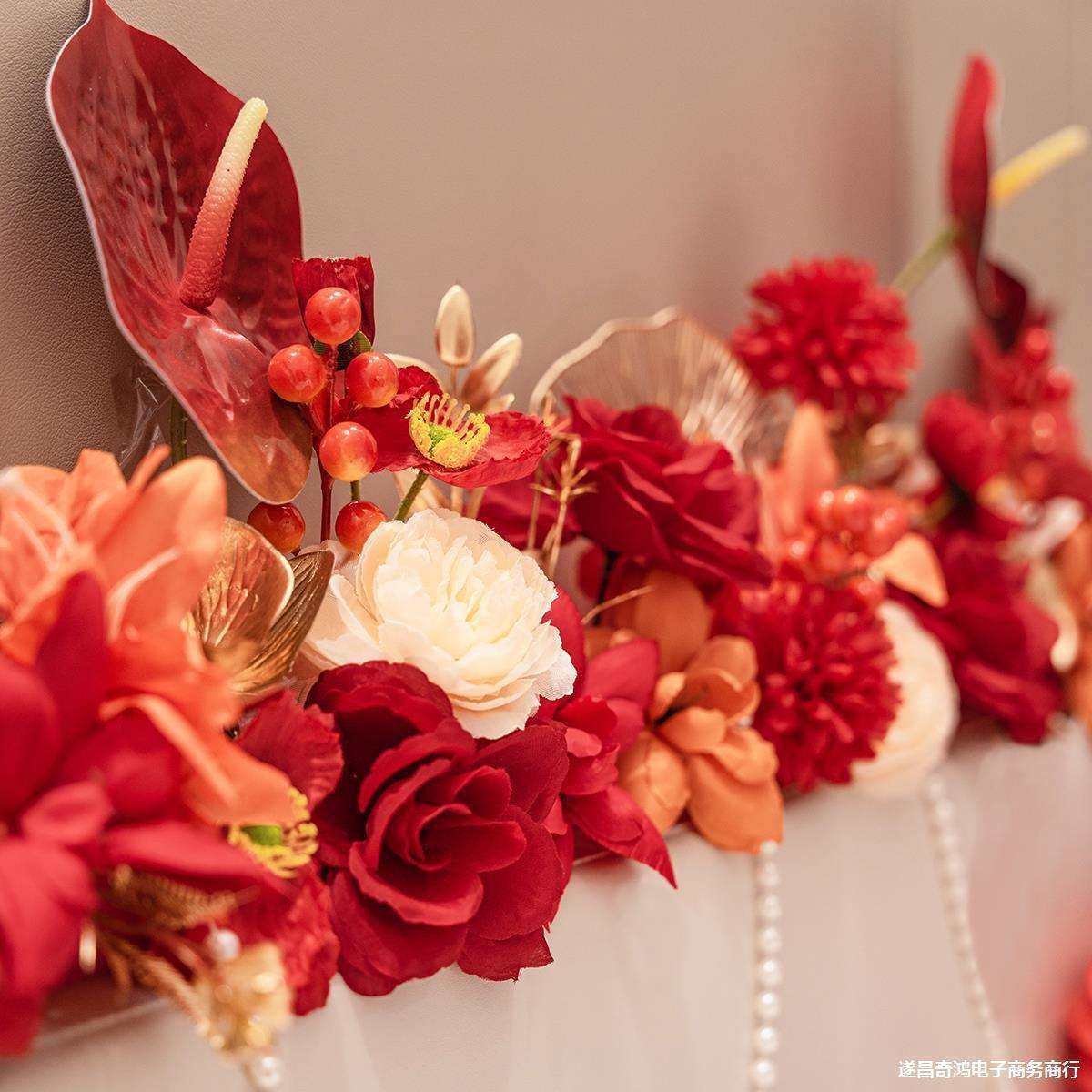 婚房桌面装饰花艺床头花订婚花排仿真花红色粉色布置结婚摆件假花,淘宝优惠券,粉丝福利购,淘宝优惠卷