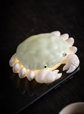 青瓷螃蟹茶宠摆件精品可养八方来财盖置盖托创意大闸蟹可爱小茶玩