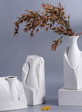 现代新中式d创意白色陶瓷山石花瓶摆件设计师样板房软装插花器果