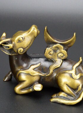 黄铜犀牛望月摆件纯铜镇纸毛w笔架仿古铜器工艺品书房办公室摆设