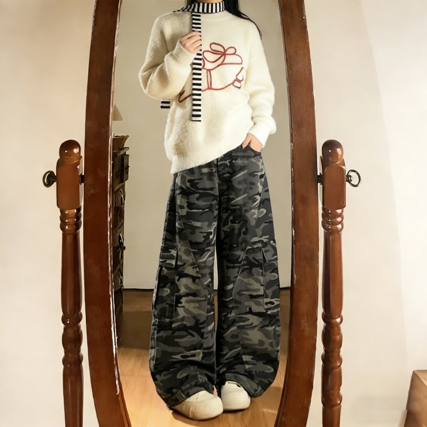 300斤大码女装胖mm工装风迷彩阔腿裤女宽松迷彩风大口袋弯刀裤子,淘宝优惠券,粉丝福利购,淘宝优惠卷