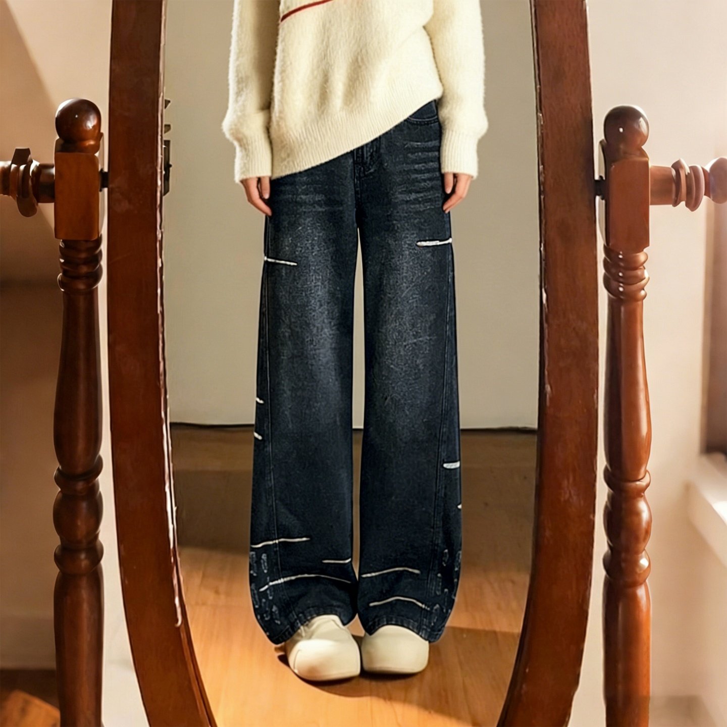 特大码女装胖mm设计感破洞阔腿牛仔裤女高腰显瘦百搭设计感直筒裤,淘宝优惠券,粉丝福利购,淘宝优惠卷