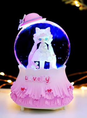 梦幻少女心洛丽塔女孩水晶球摆件飘雪旋转音乐盒桌面装饰品
