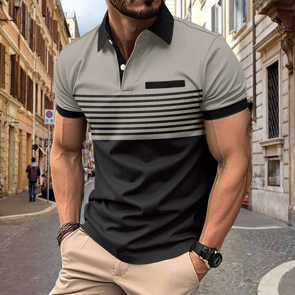 Leisure stripes in color Polo shirts  休闲条纹拼色Polo衫短袖 - 图1