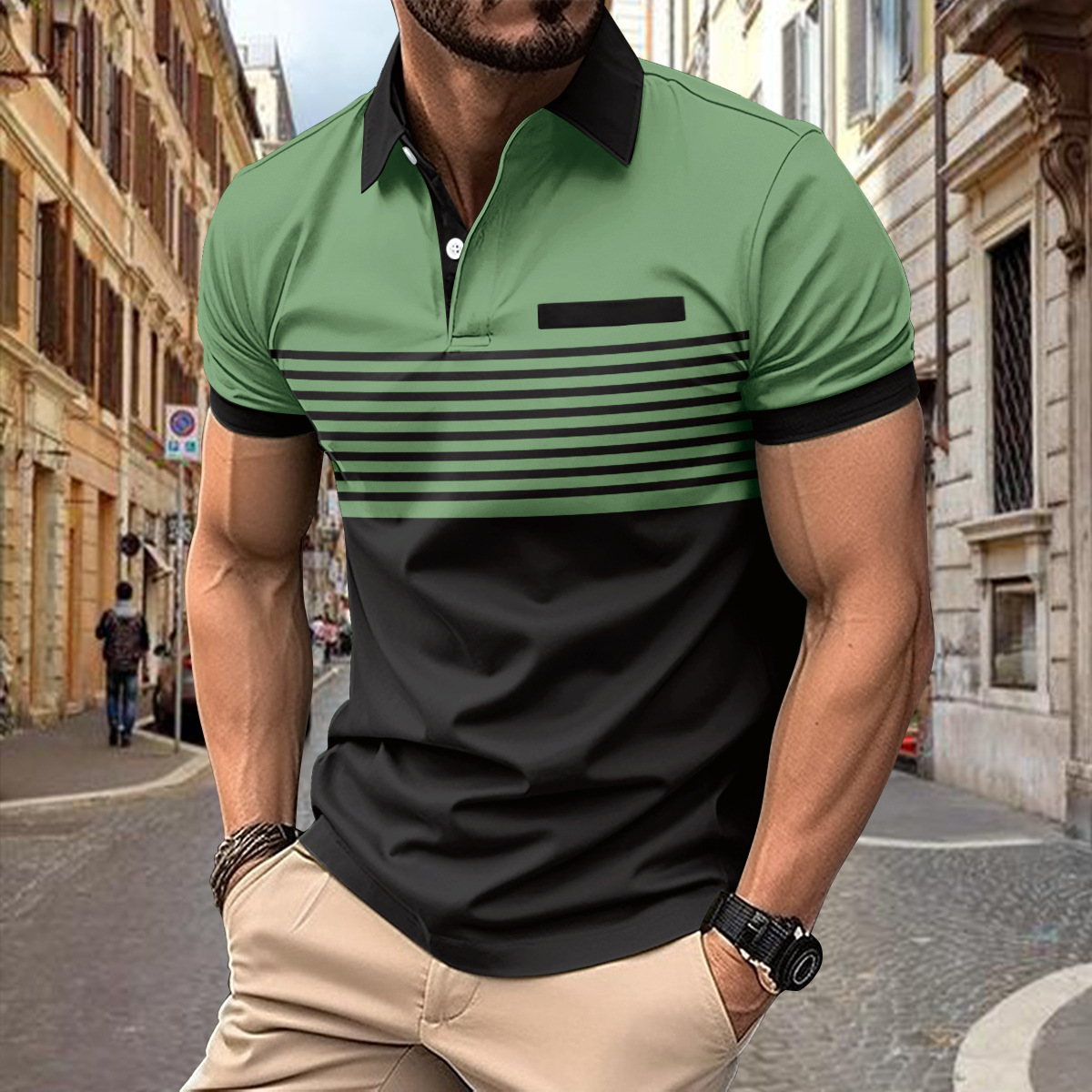 Leisure stripes in color Polo shirts  休闲条纹拼色Polo衫短袖 - 图0