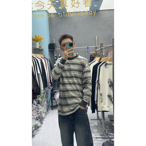 秋上新休闲条纹圆领套头百搭长袖T恤 - 图0