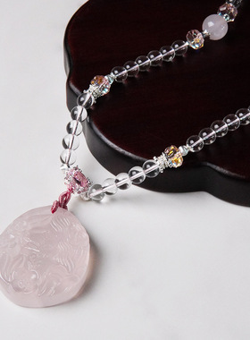 天然粉水晶吊坠项链设计感九尾狐毛衣链长款民族风圆牌锁骨链