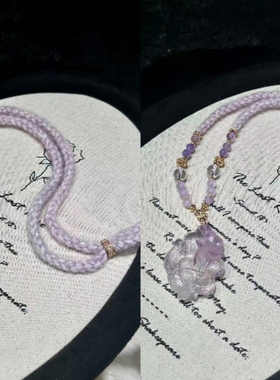 天然紫水晶海蓝宝九尾狐项链吊坠毛衣链许愿孤项链手工雕刻狐狸牌