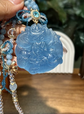 天然老矿星光透体魔鬼蓝海蓝宝五仙赐福九尾狐吊坠毛衣链狐狸礼物