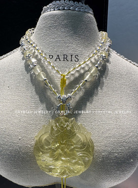 天然黄水晶修仙娘娘九尾狐狸吊坠 单面精工雕刻飘带九尾狐仙项链