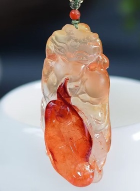 精工天然满红红胶花水晶九尾狐吊坠收藏款望月狐狸挂坠项链毛衣链