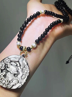 天然银曜石狐狸吊坠中国风九尾仙狐牌无事牌狐狸项链炸毛凤九