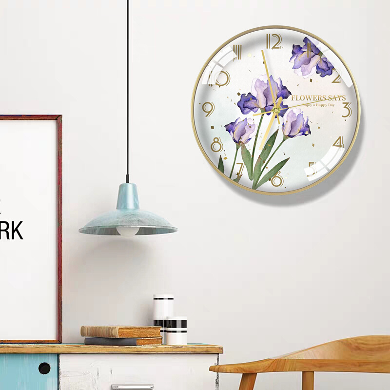 简欧美式客厅挂钟花卉绿叶装饰时钟挂墙艺术时尚现代客厅钟表金框