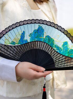 高档山水扇子国风全竹扇易携带折扇跳舞专用送女礼物时尚拍照道具