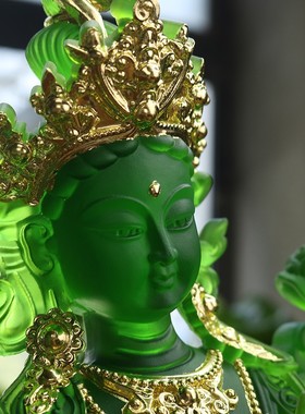 极速古法琉璃绿度母佛像摆件观音菩萨G贴金彩绘开脸居家供奉大号