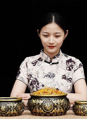 极速饶钻工艺品纯铜聚p宝盆中式八福有余招财摆件大号家居客厅装