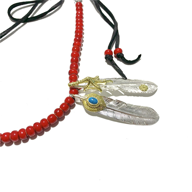 WANGWANG高桥925纯银绿松石鹰抓点金羽毛吊坠鹿皮绳情侣银饰项链,淘宝优惠券,粉丝福利购,淘宝优惠卷