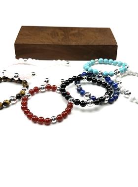 WANGWANG 四银饰8MM黑玛瑙绿松石925纯银情侣潮流时尚银手链手串