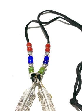 WANGWANG925纯银双绿松石点金鹰抓羽毛吊坠鹿皮绳潮流奢华银项链