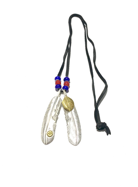 WANGWANG上金绿松石羽毛925纯银琉璃鹿皮绳素银奢华银饰吊坠项链