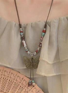 波西米亚覆古蝴蝶长版项炼女新中式民族风古著中古古风毛衣炼 炼