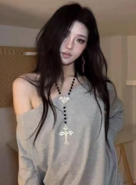 暗黑锆石十字架串珠项链女时尚长款双层叠戴脖颈链风百搭锁骨链