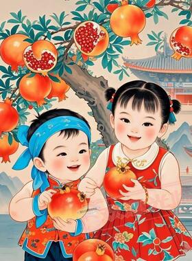 新款年画娃娃石榴多子多福家居墙贴自客厅玄关卧室宿舍装饰画遮瑕