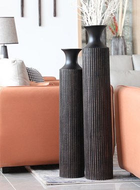黑色落地陶瓷瓶家居装饰摆件客厅插花电视柜简约高V档摆设一件代
