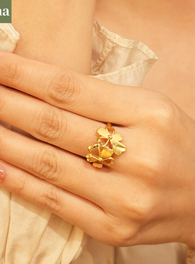 NININA金店同款古法沙金黄金色花朵戒指小清新戒指可调节开口