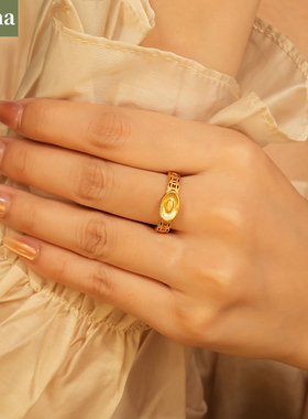 NININA金店同款气质镀金铜钱币元宝戒指女分号指环可调节食指戒圈