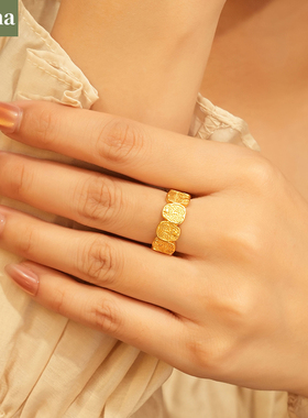 NININA金店同款古法沙金扎基拉姆戒指实心手工錾刻本命年戒指送礼