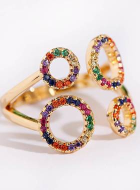 极速Faashion Women's Copper Flower Geometry Corful CZ Rin