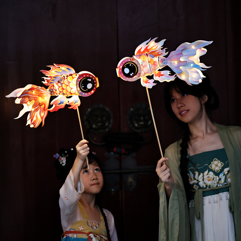 新年金鱼灯笼diy非遗鱼灯材料包儿童手工龙灯 新年锦鲤纸花灯道具