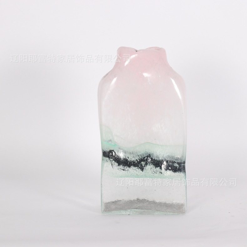 吹制玻璃花瓶创意北欧粉色透明水炸纹插花器水培器皿扁口小清新,淘宝优惠券,粉丝福利购,淘宝优惠卷