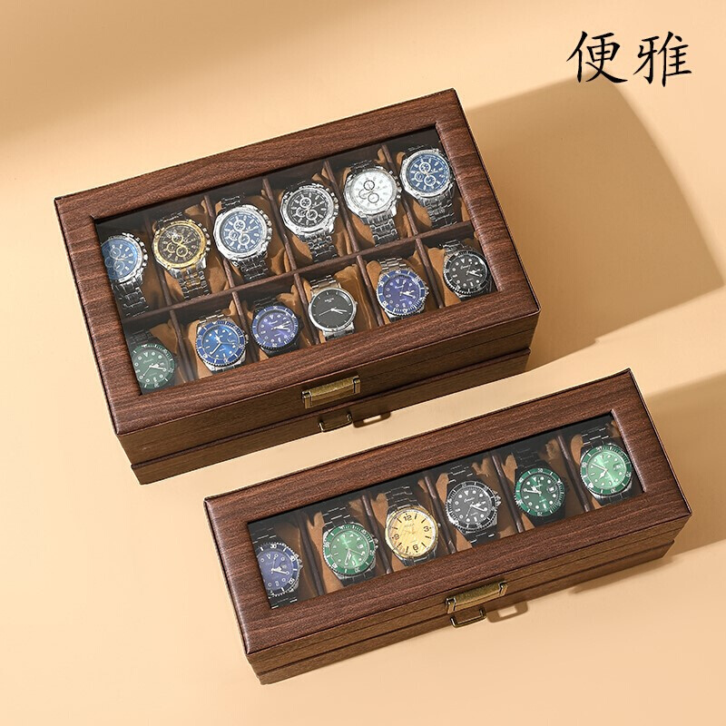 新款手表首饰一体收纳盒便雅复古木纹皮软枕手表盒手表箱双层手表