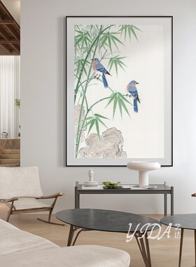 网红中式竹新子纯手绘油画花鸟客厅茶室装饰画东方美学酒店办公室