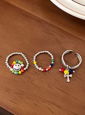 极速时尚个性串珠戒指女生2023年新款潮小众设计食指戒Z开口可调