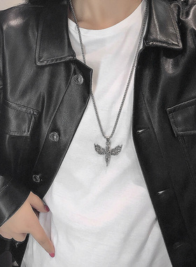 极速ins冷淡风钛钢天使嘻哈男士女潮秋冬长款链子项W链吊坠毛衣链