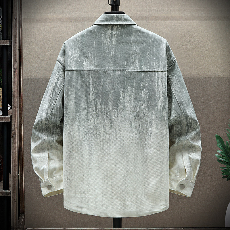 秋季新款青少年潮牌翻领牛仔衬衫外套渐变色宽松有型男生痞帅夹克,淘宝优惠券,粉丝福利购,淘宝优惠卷