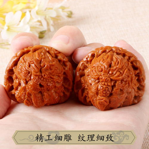 极速文玩核桃矮h桩白狮子头雕刻双面二龙戏珠手玩把件手球核桃送 - 图0