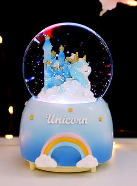 极速新款 彩虹独角兽城堡水晶球八音盒创意O礼品床头柜照明彩灯儿