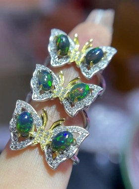 极速天然黑欧泊纯银蝴蝶戒指  活口P镶嵌 Y1365