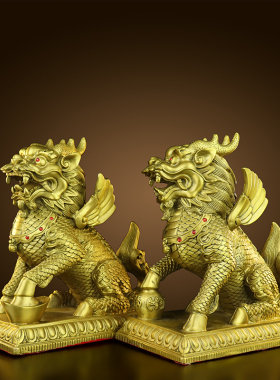 铜麒麟摆件一对纯铜招財麒麟客厅店铺办公室家居装饰品开业送礼品