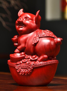 红花梨木雕猪摆件实木十二生肖客厅家居电视柜办公T装饰红木工艺