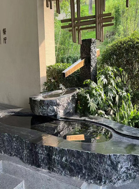 黑山石流水中式公园水景别墅户外景观摆件石雕养鱼池水钵盆