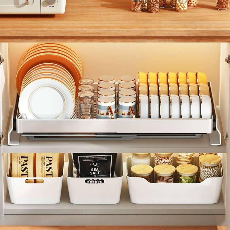 不锈钢厨房碗碟沥水架柜子伸缩拉篮抽屉式多功能双层放碗置物架子 - 图1