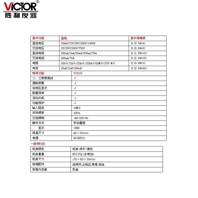 胜利数字万用表VC9205高精度智能防烧万能表VC9208电工专用多用表 - 图2