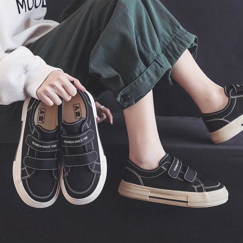 人本官方魔术贴帆布鞋女2025春季新款板鞋厚底女鞋休闲运动鞋子潮 - 图1