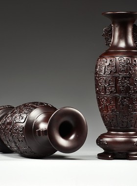 黑檀木雕刻花瓶摆件家p居客厅电视柜新中式花瓶装饰工艺品乔迁送