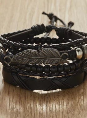 男士木质珠饰羽毛手链复古多层手工编织皮革手镯男女串珠吊坠配饰